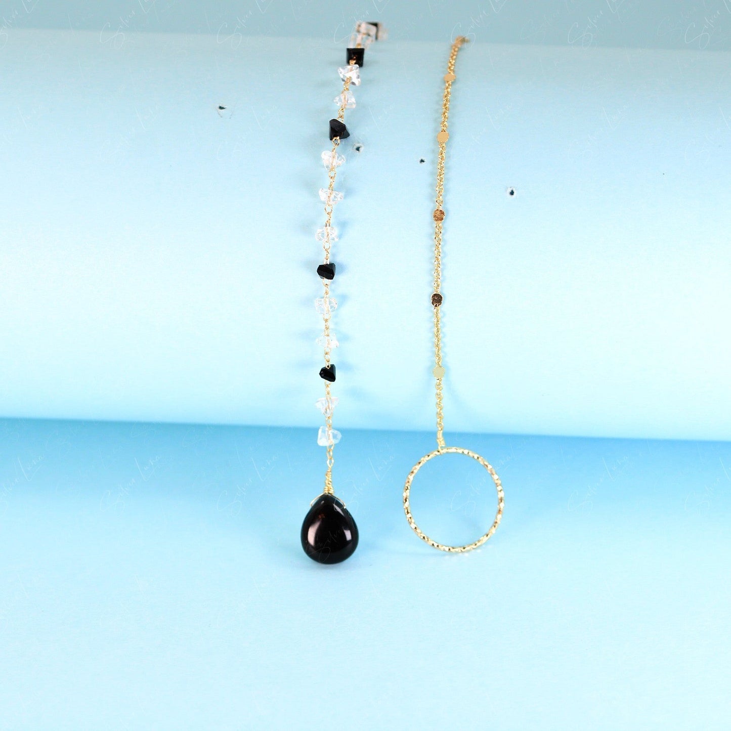 Teardrop black agate asymmetric bead chain Lariat necklace
