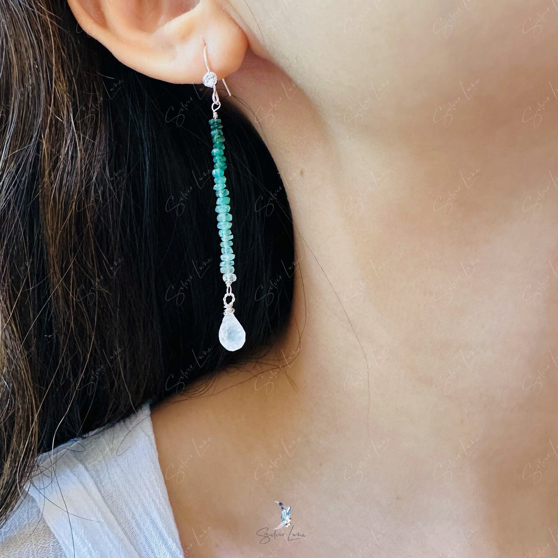 emerald teardrop moonstone silver earrings