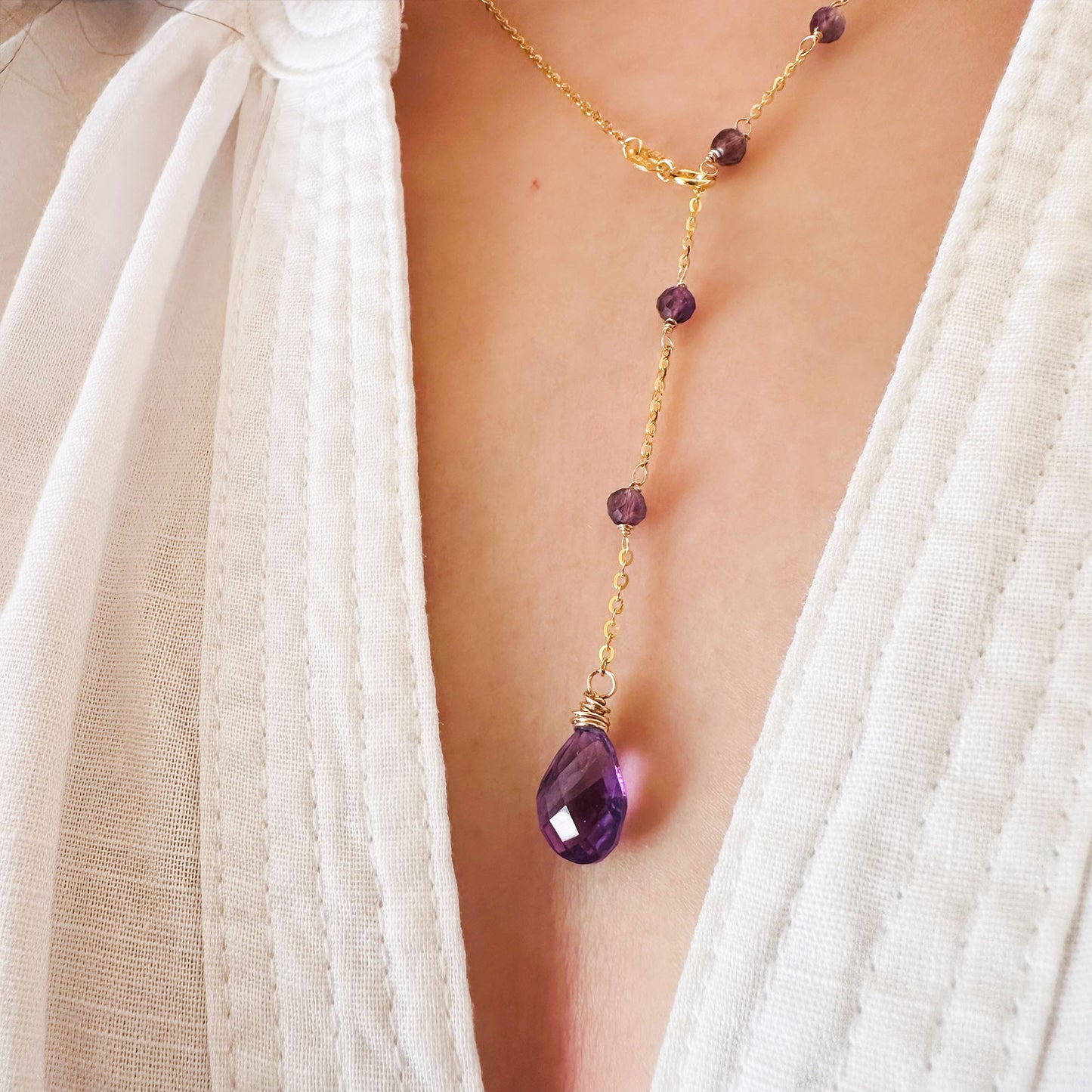 teardrop Amethyst lariat necklace