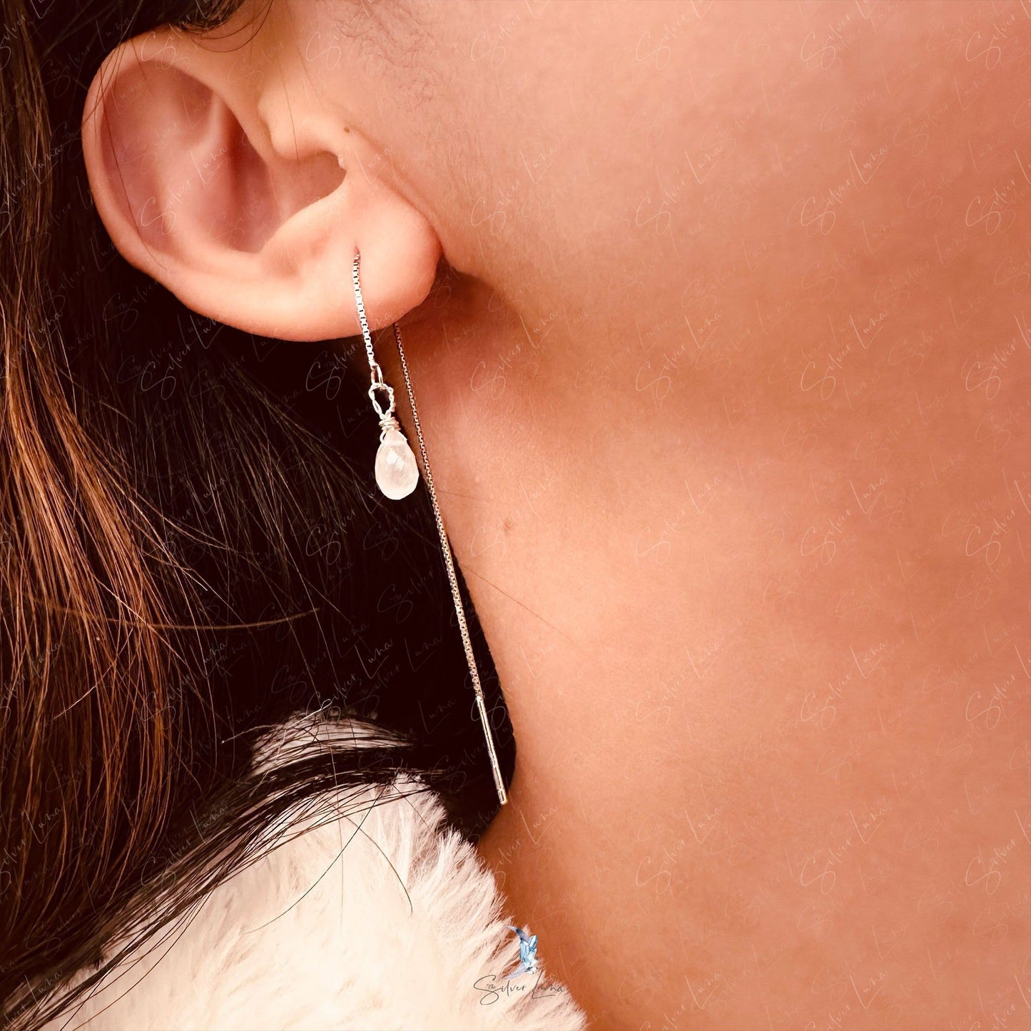 Teardrop moonstone ear threader earrings