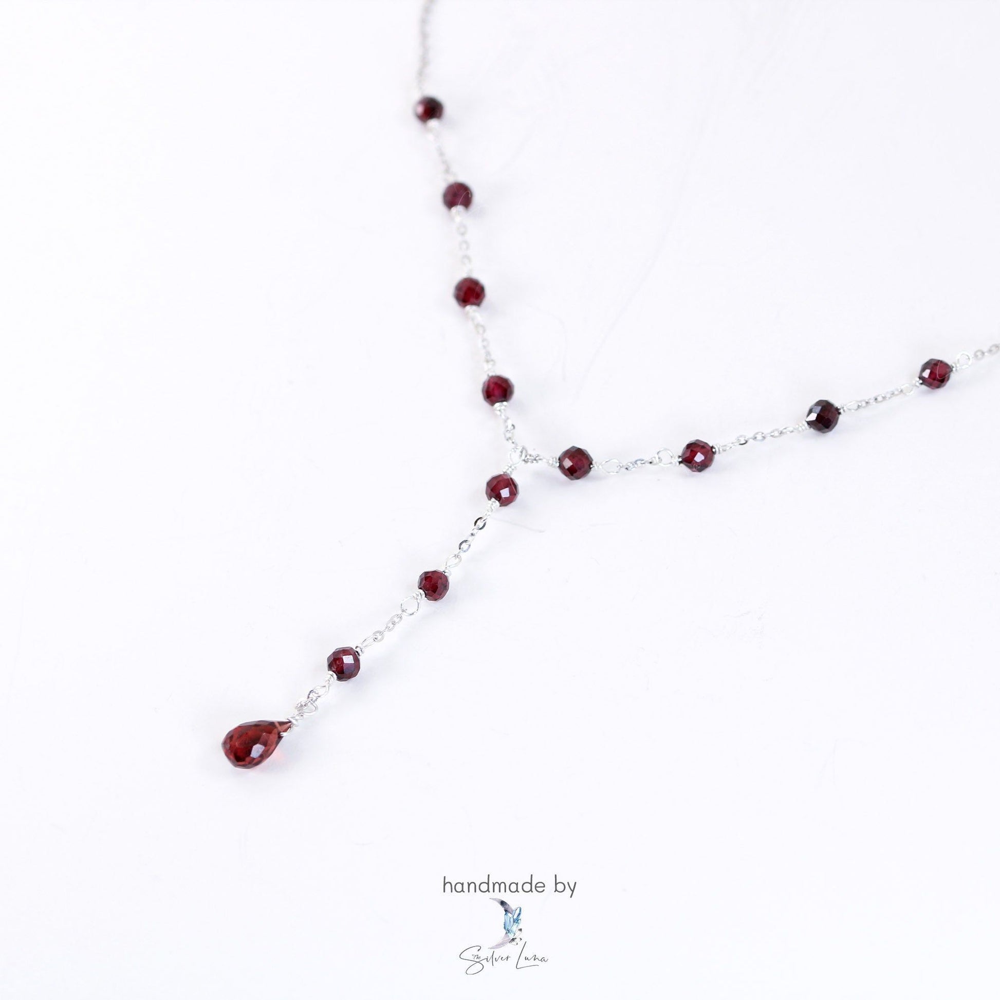 red garnet bead teardrop lariat Y pendant necklace