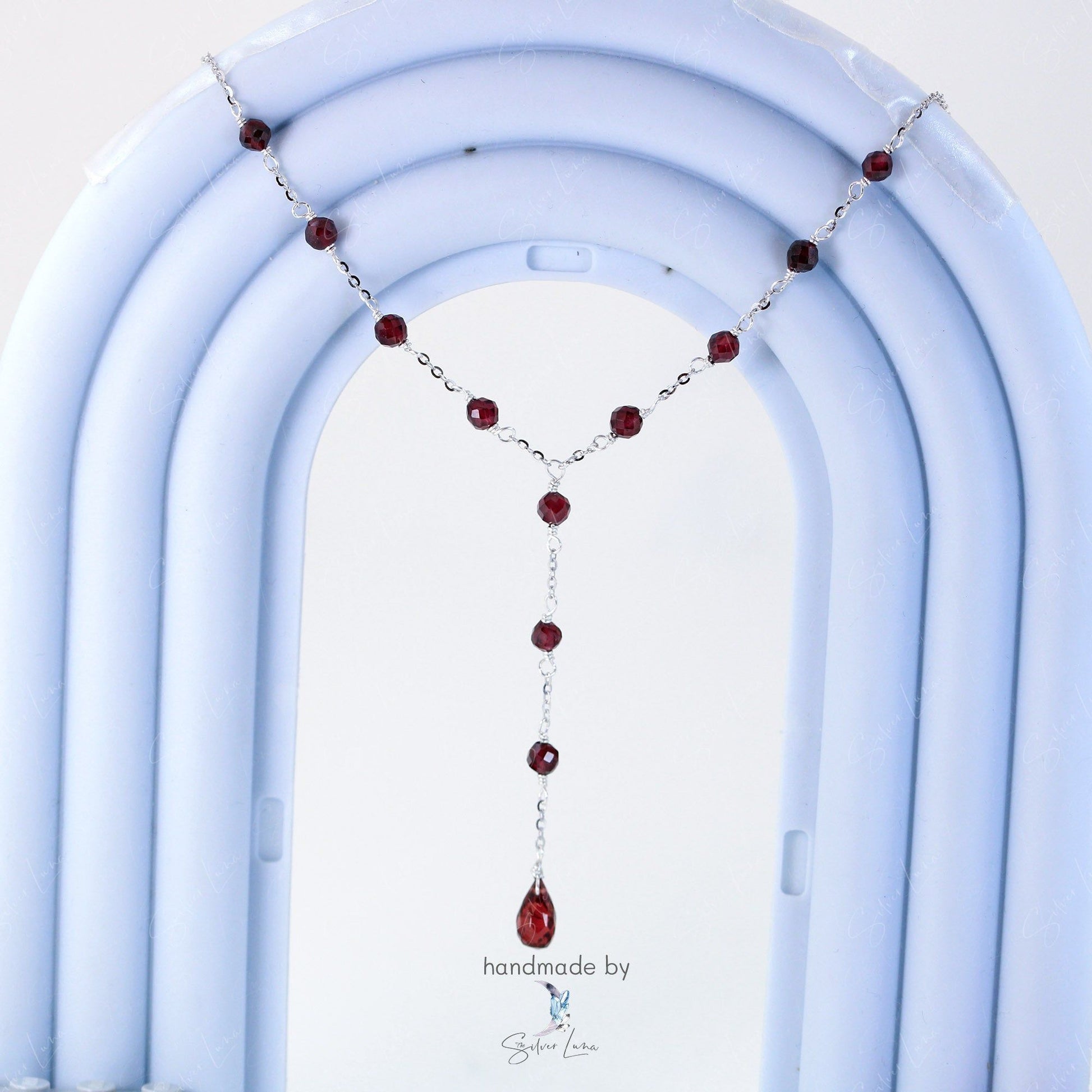 red garnet bead long lariat necklace