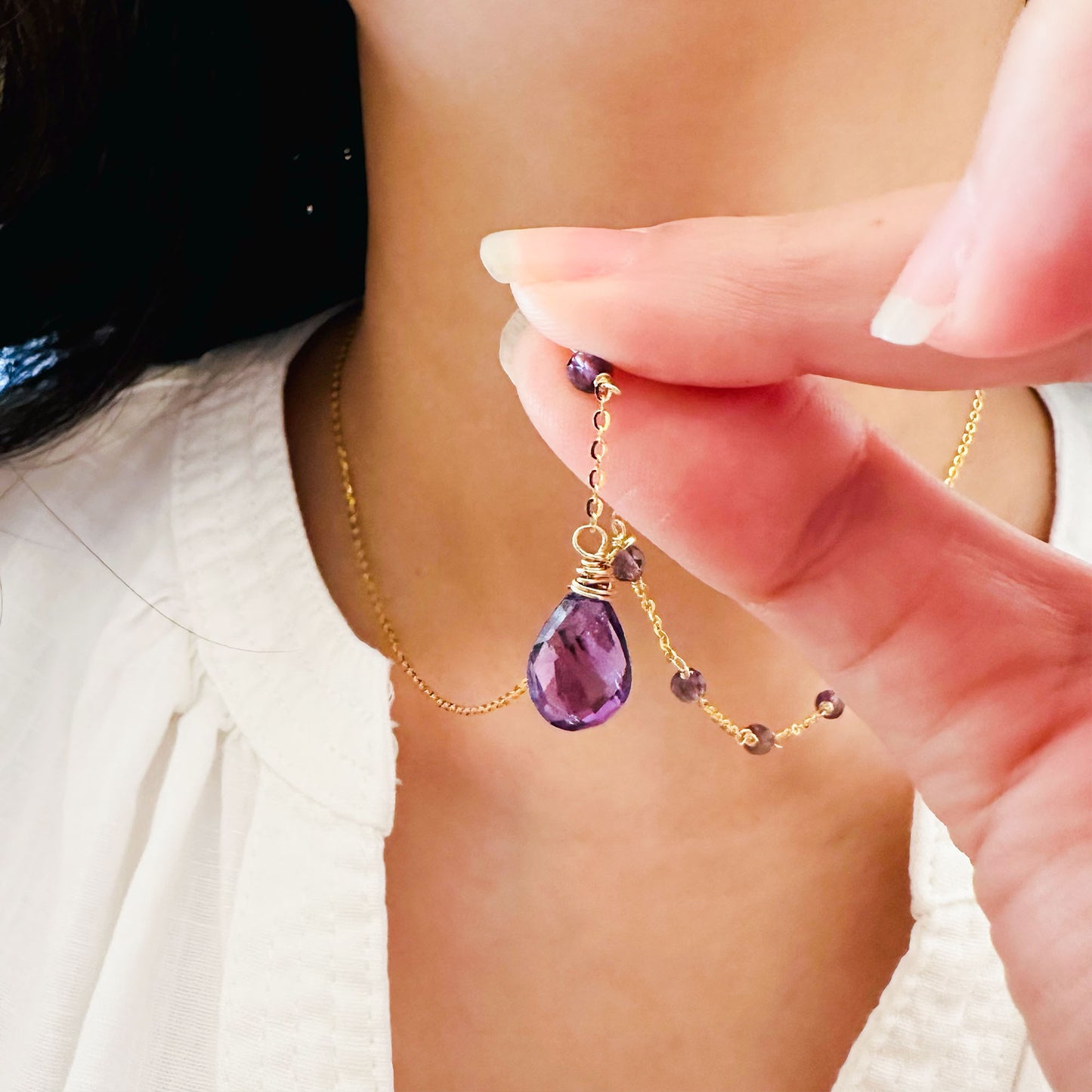 teardrop Amethyst lariat necklace