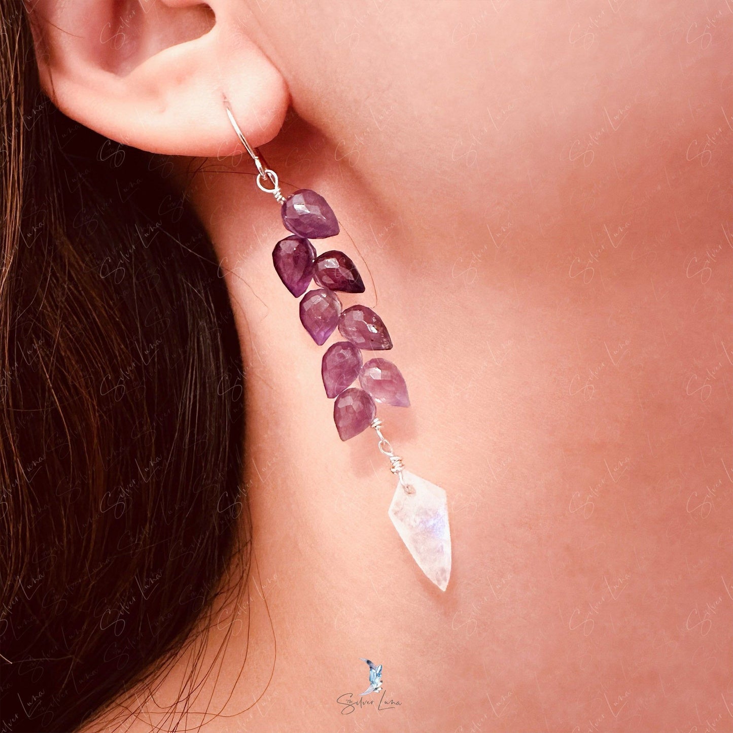 Teardrop Amethyst rainbow moonstone earrings