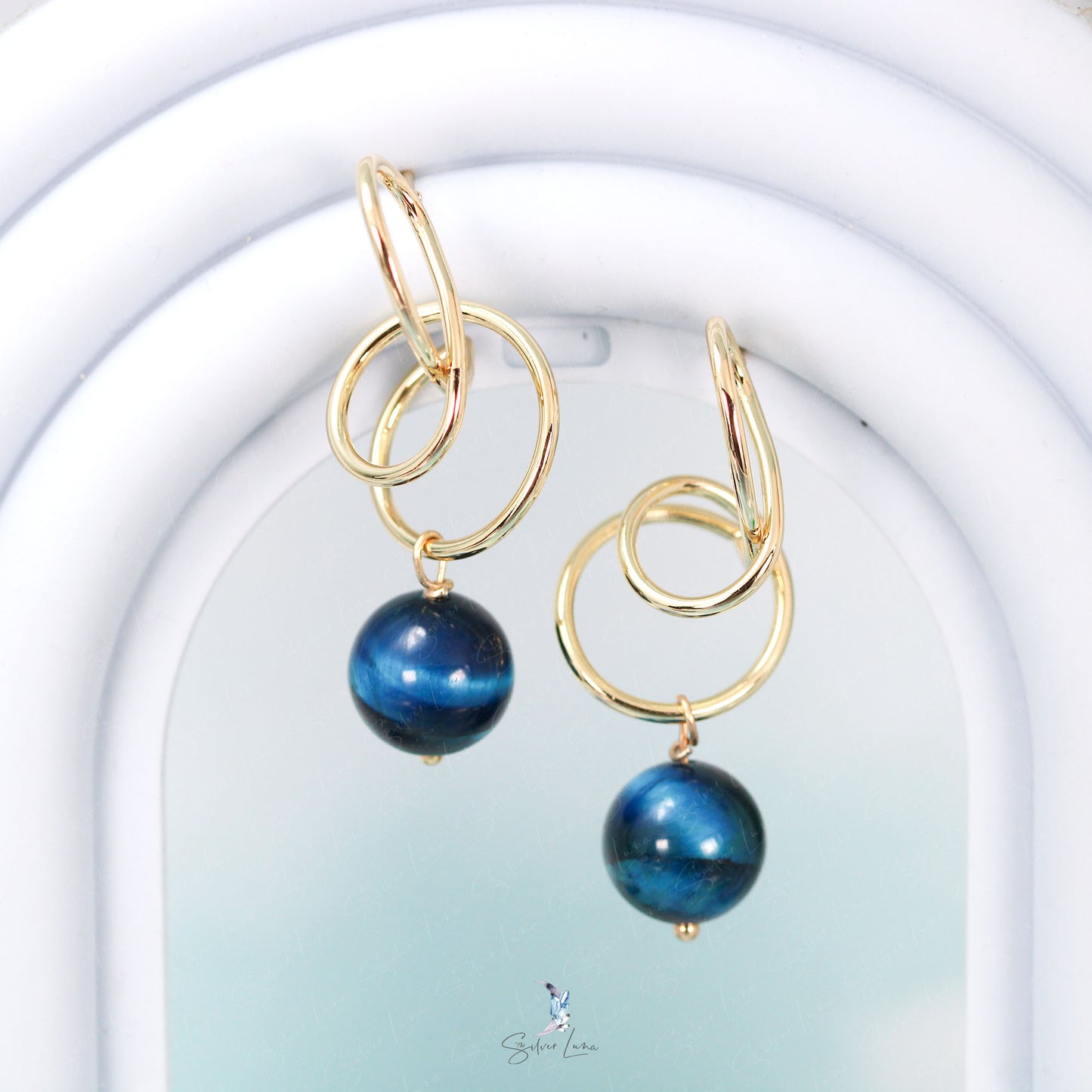 blue tiger's eye spiral dangle drop earrings