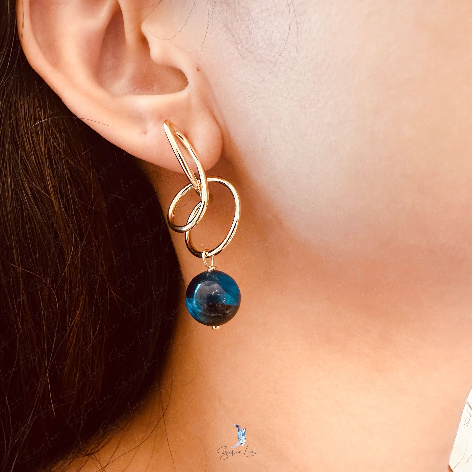 blue tiger's eye spiral dangle drop earrings