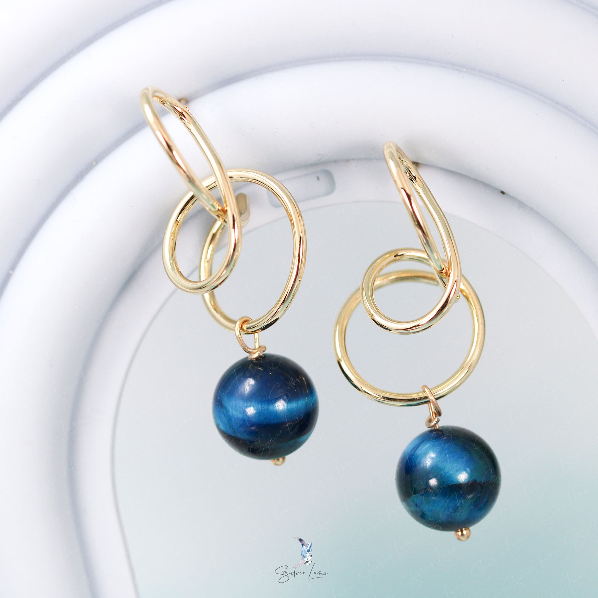 blue tiger's eye spiral dangle drop earrings