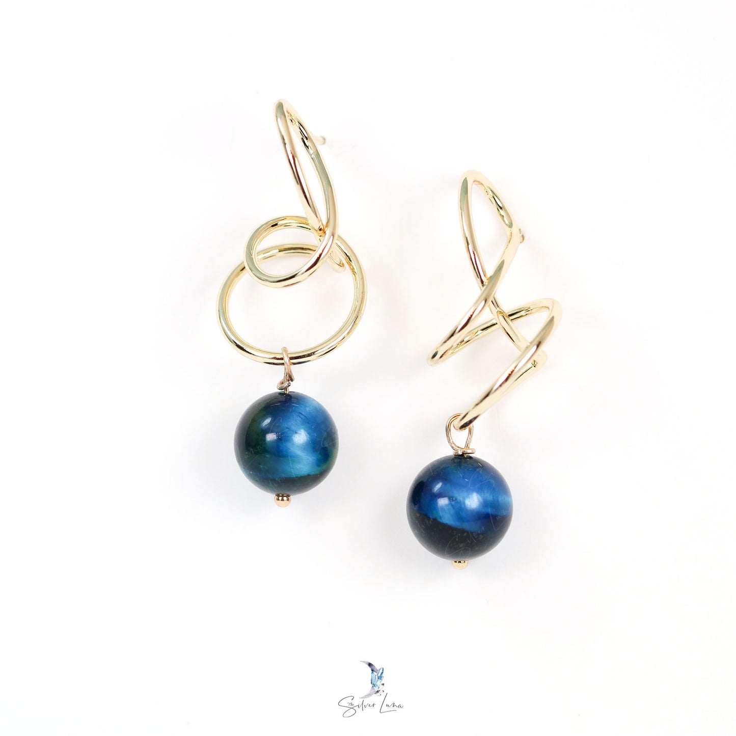 blue tiger's eye spiral dangle drop earrings