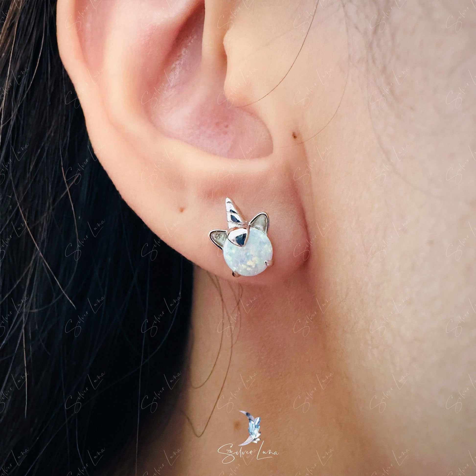 opal unicorn sterling silver stud earrings