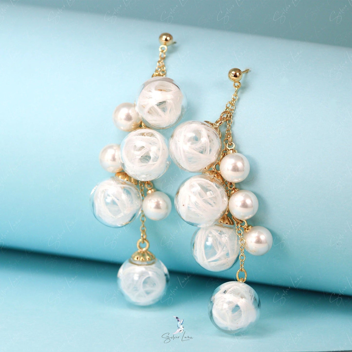 feather glass bead pearl drop earrings