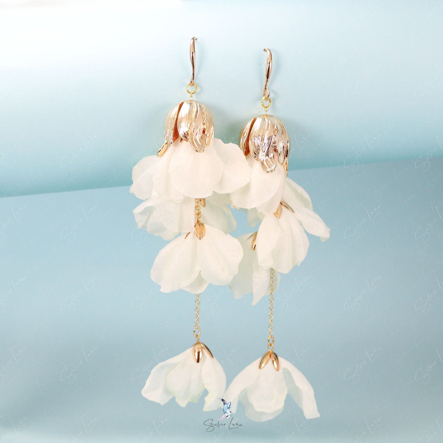 Gold plated fabric flower long drop fashion earrings