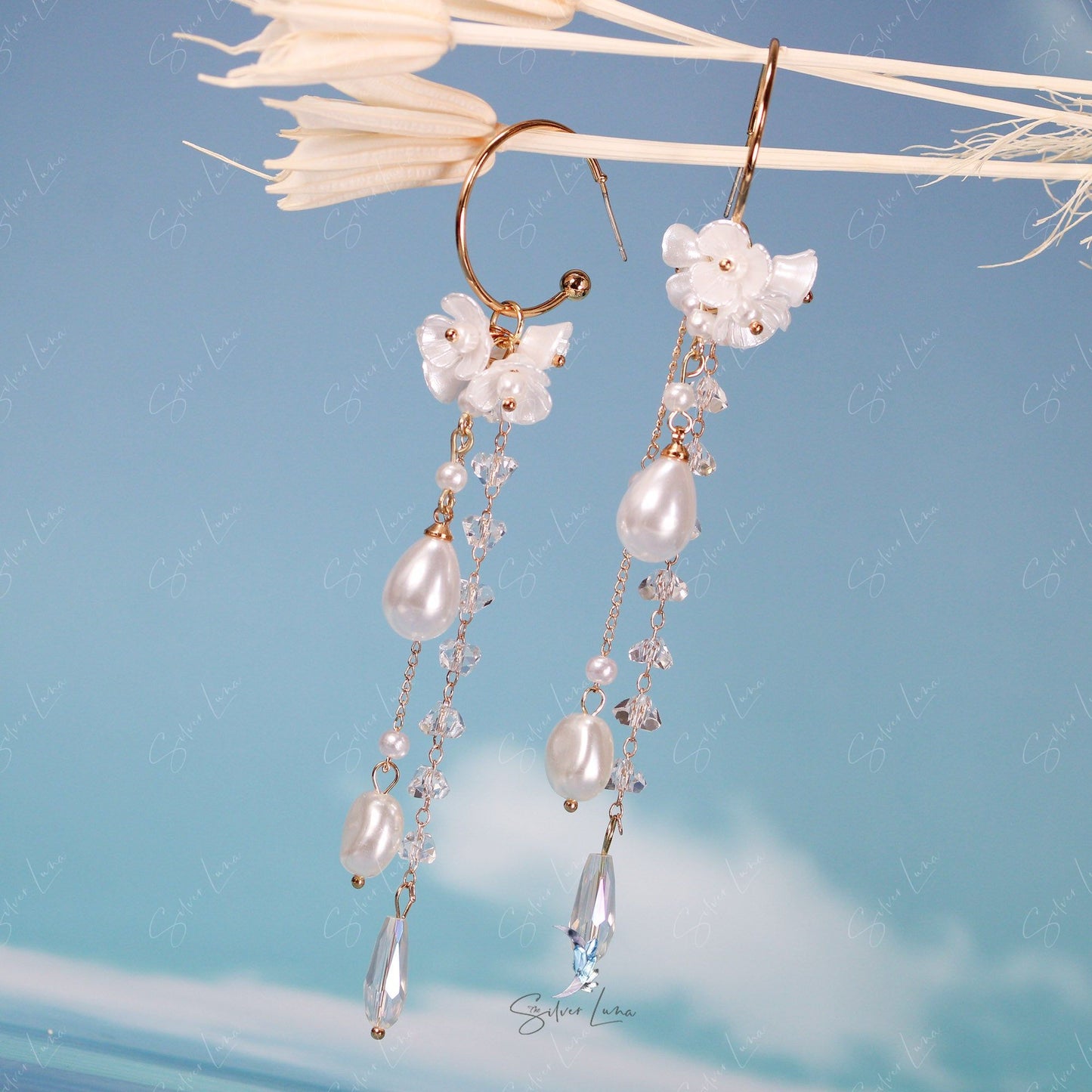 Pearl flower tassel long drop earrings