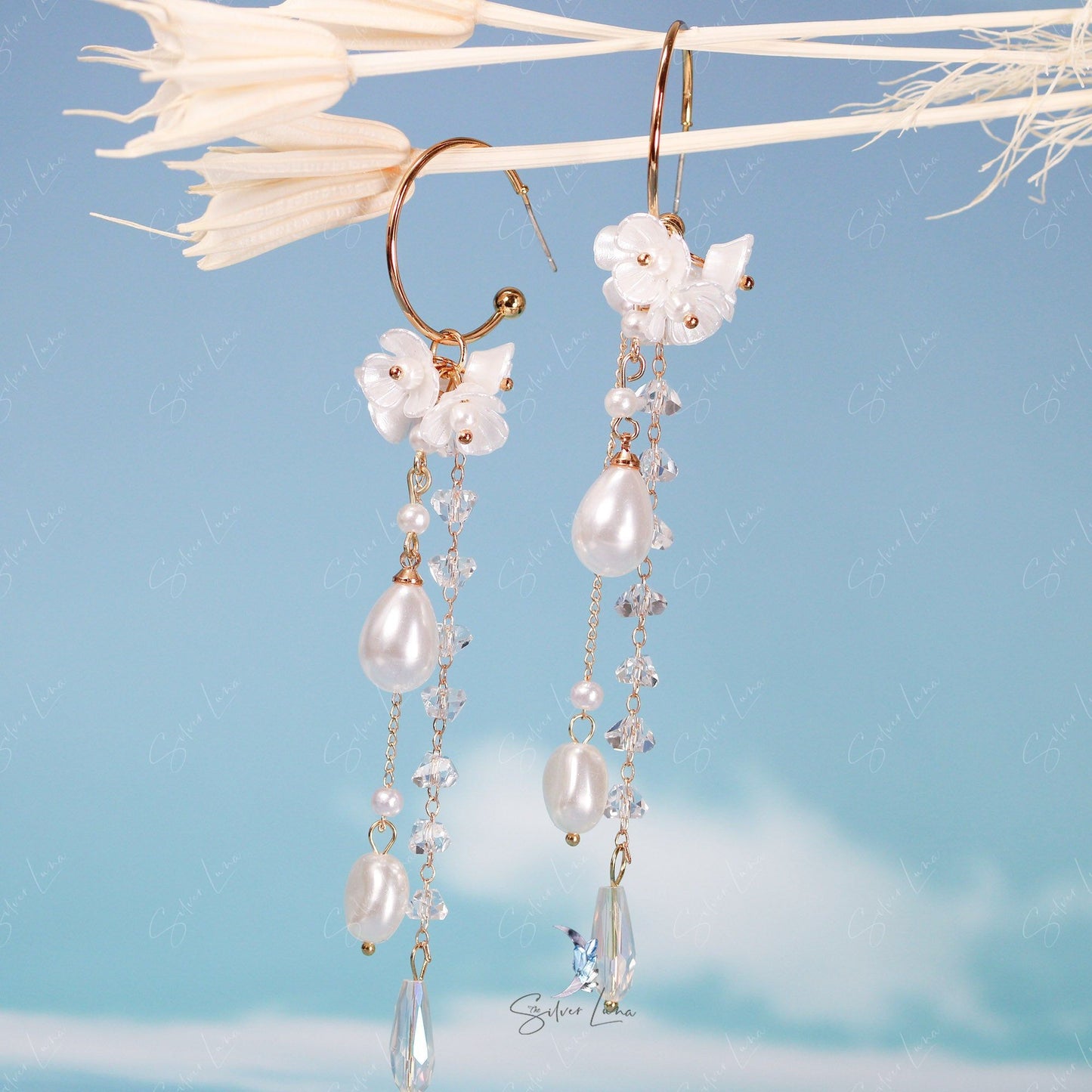 Pearl flower tassel long drop earrings