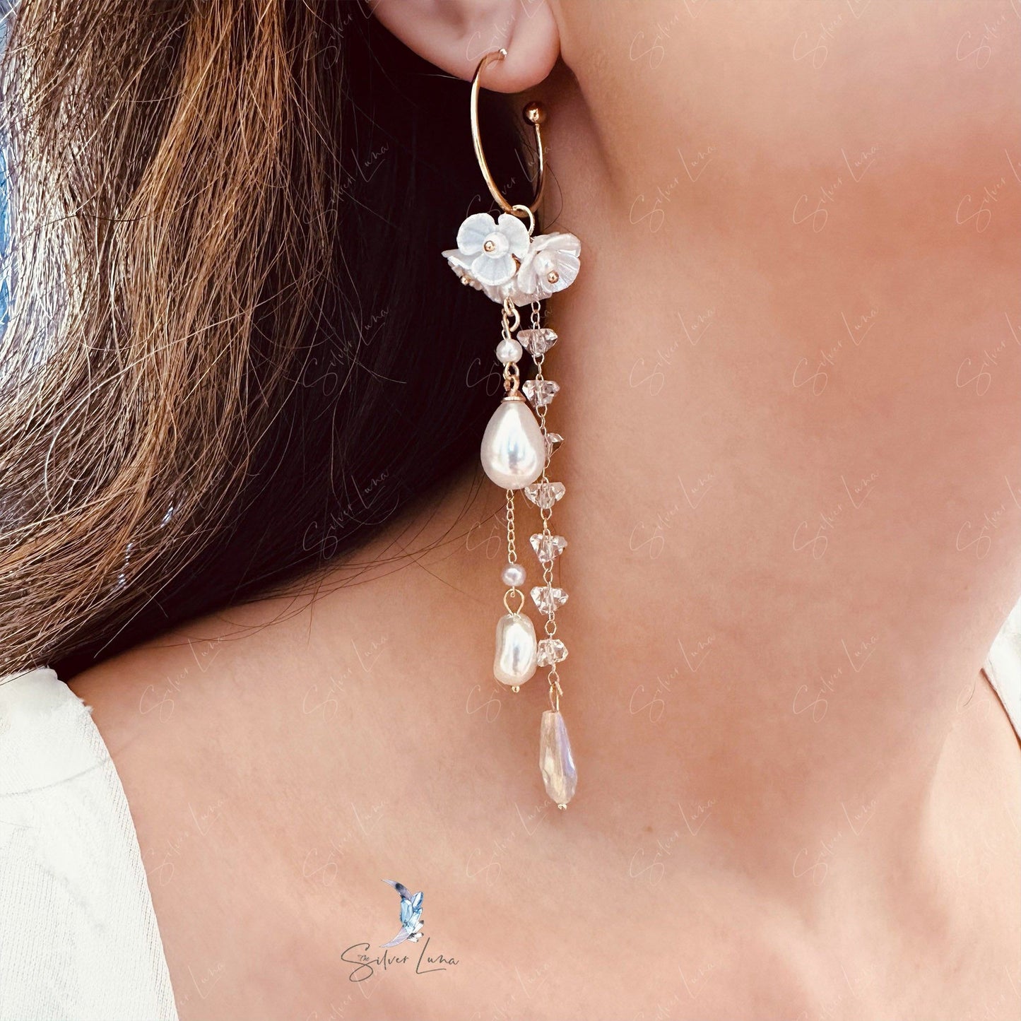 Pearl flower tassel long drop earrings