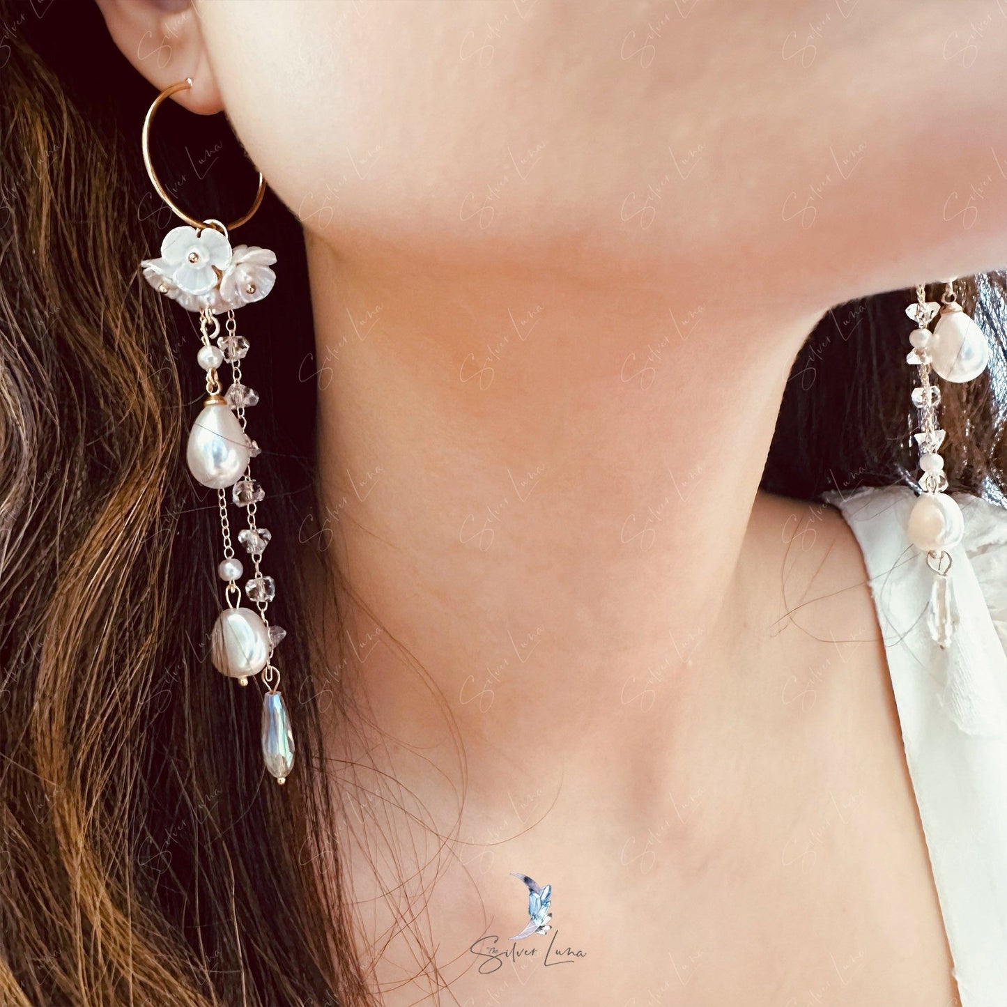 Pearl flower tassel long drop earrings