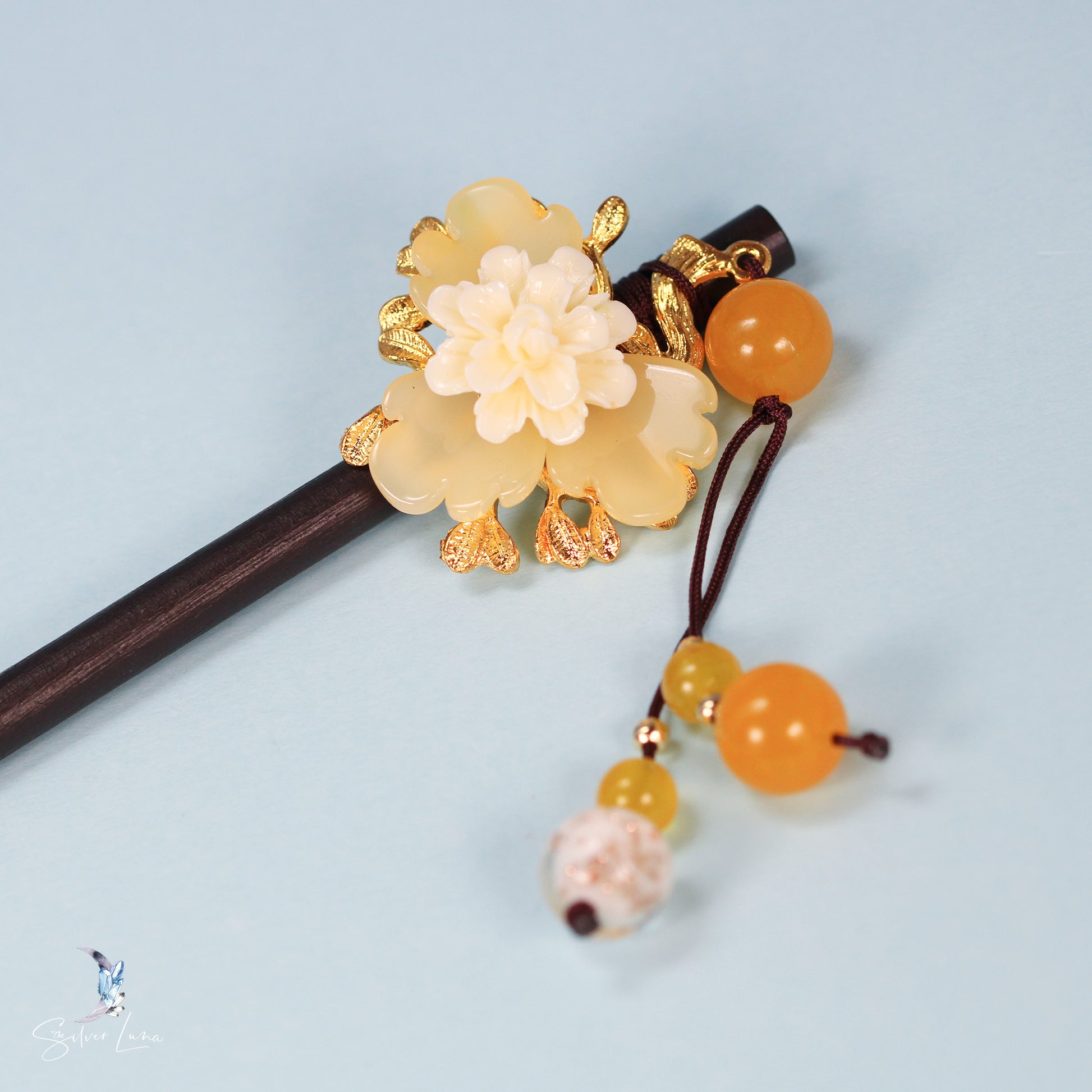 jade flower wooden hair sticks