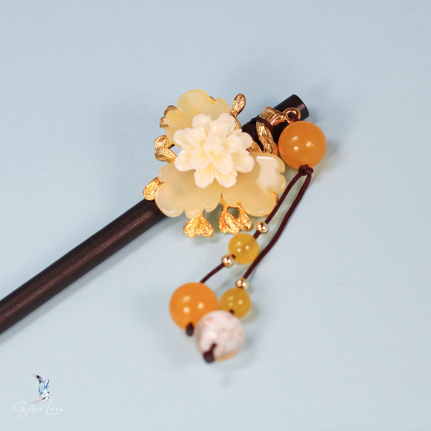 jade flower wooden hair sticks