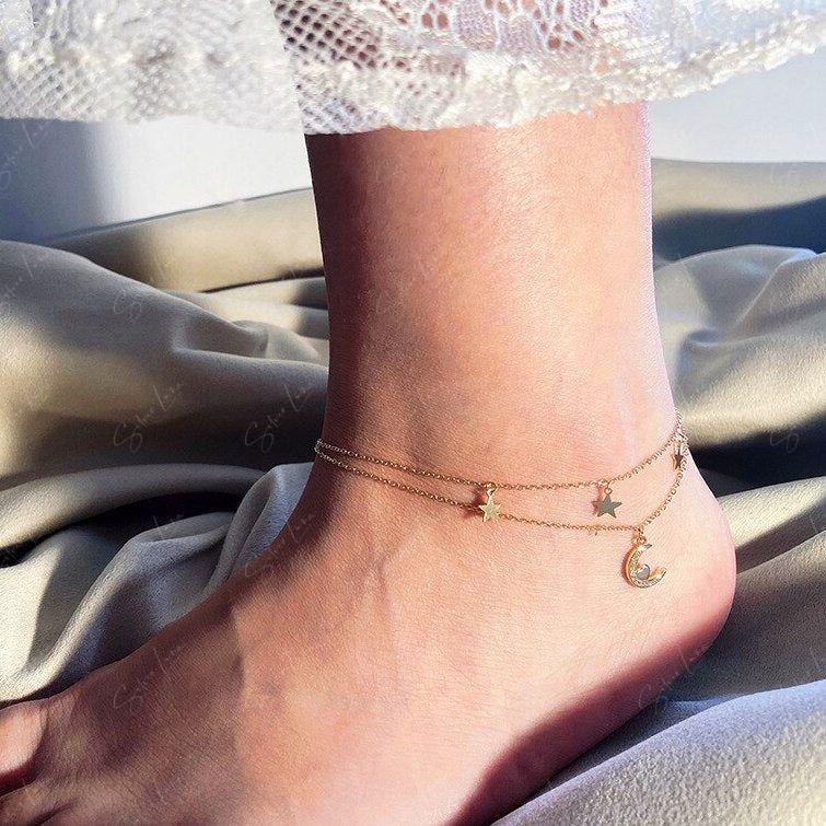 Double layer dazzling moon and stars charm anklet