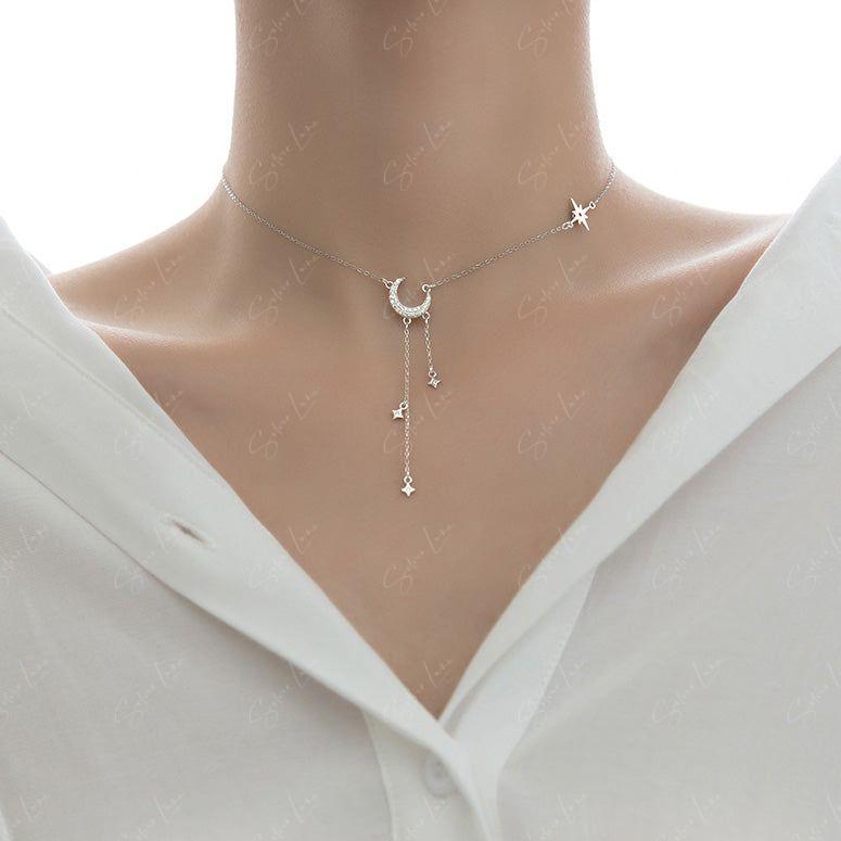 Moon and star silver choker necklace