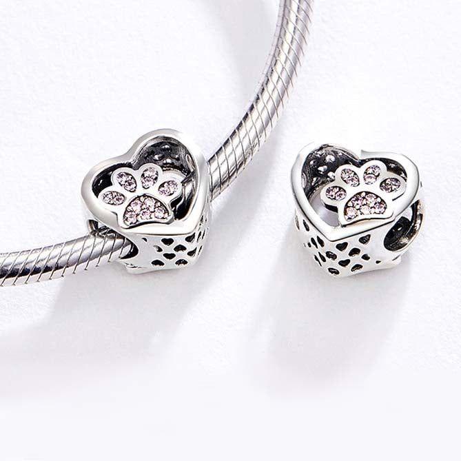Paw on heart silver bead charm