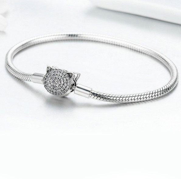 Lovely cubic zirconia cat head sterling silver bracelet for charms