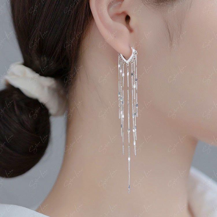 shiny chain silver hoop earrings