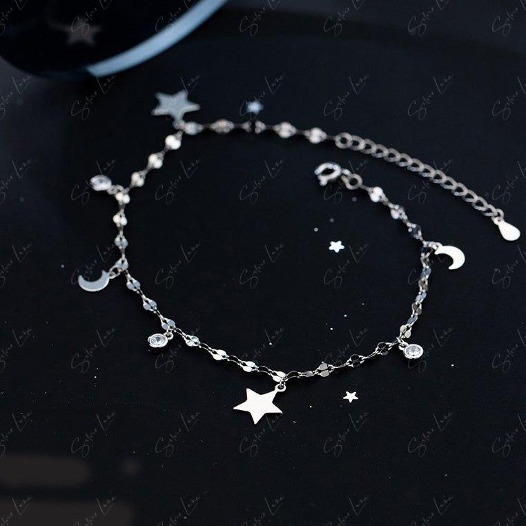 Shiny moon and star silver anklet