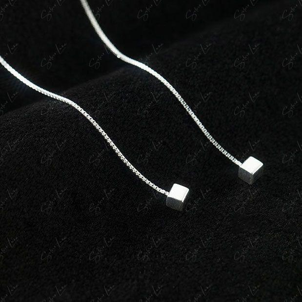 Square box silver ear threader earrings