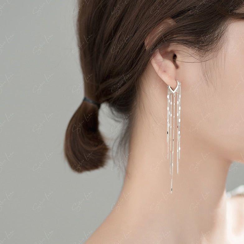 Sparkling long silver chains hoop earrings
