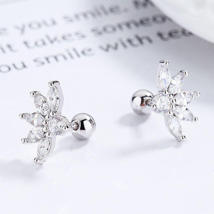 Zircon lotus flower screw back sterling silver stud earrings