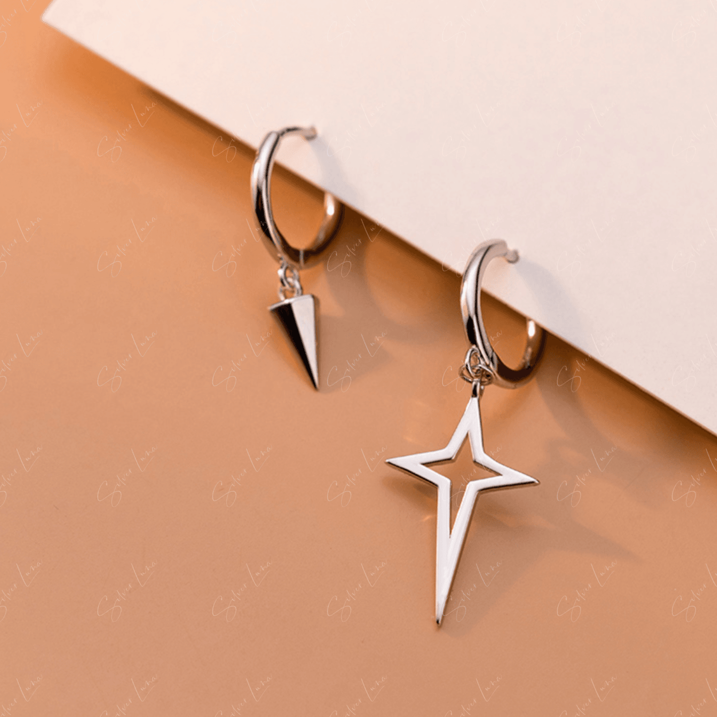 cross triangle silver hoop earrings