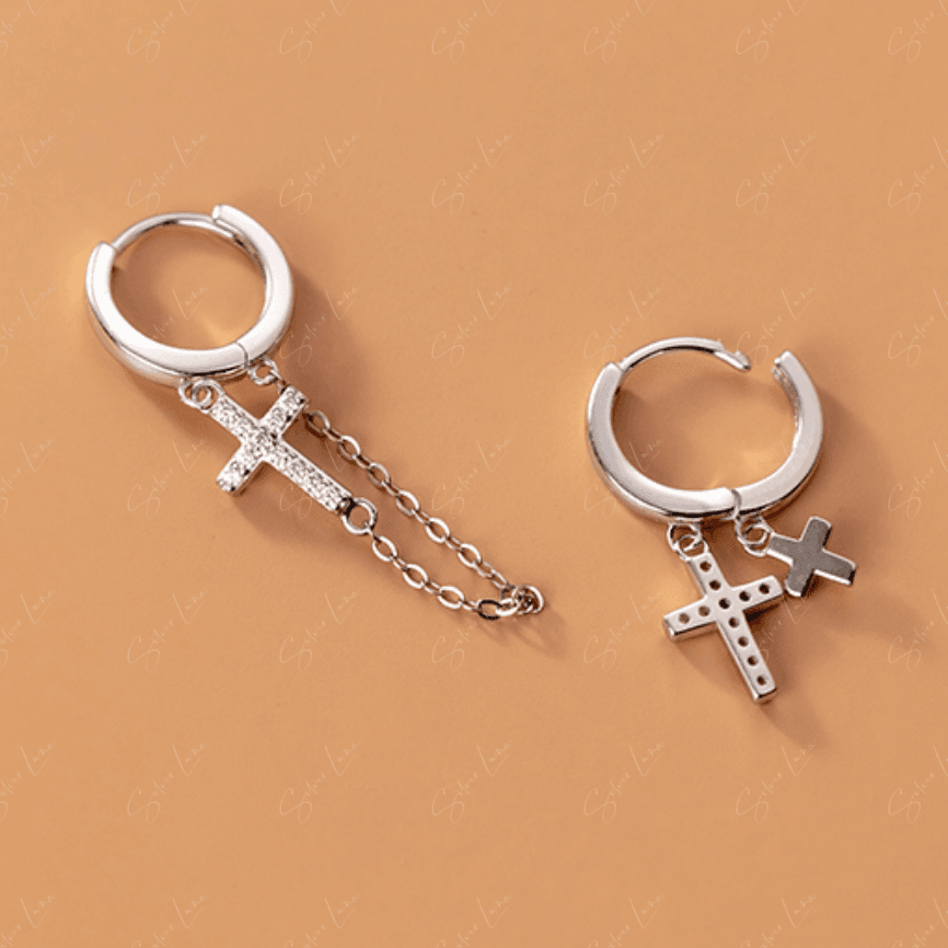 crucifix cross hoop silver earrings