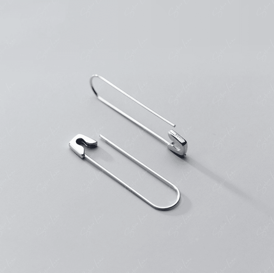 Safety pin dangle drop sterling silver earrings