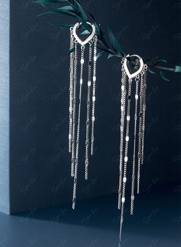 Sparkling long silver chains hoop earrings