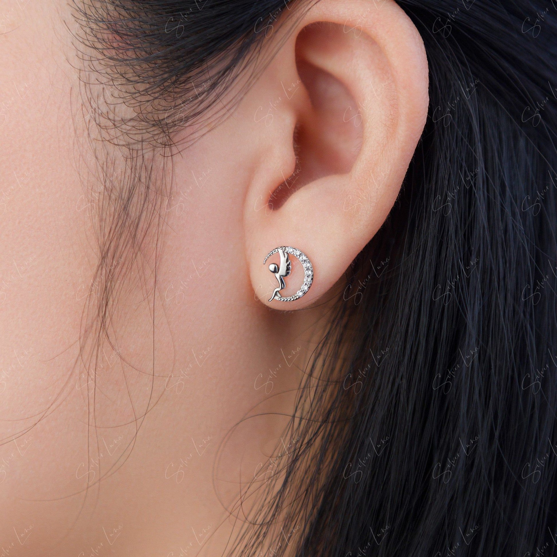 fairy on moon stud earrings