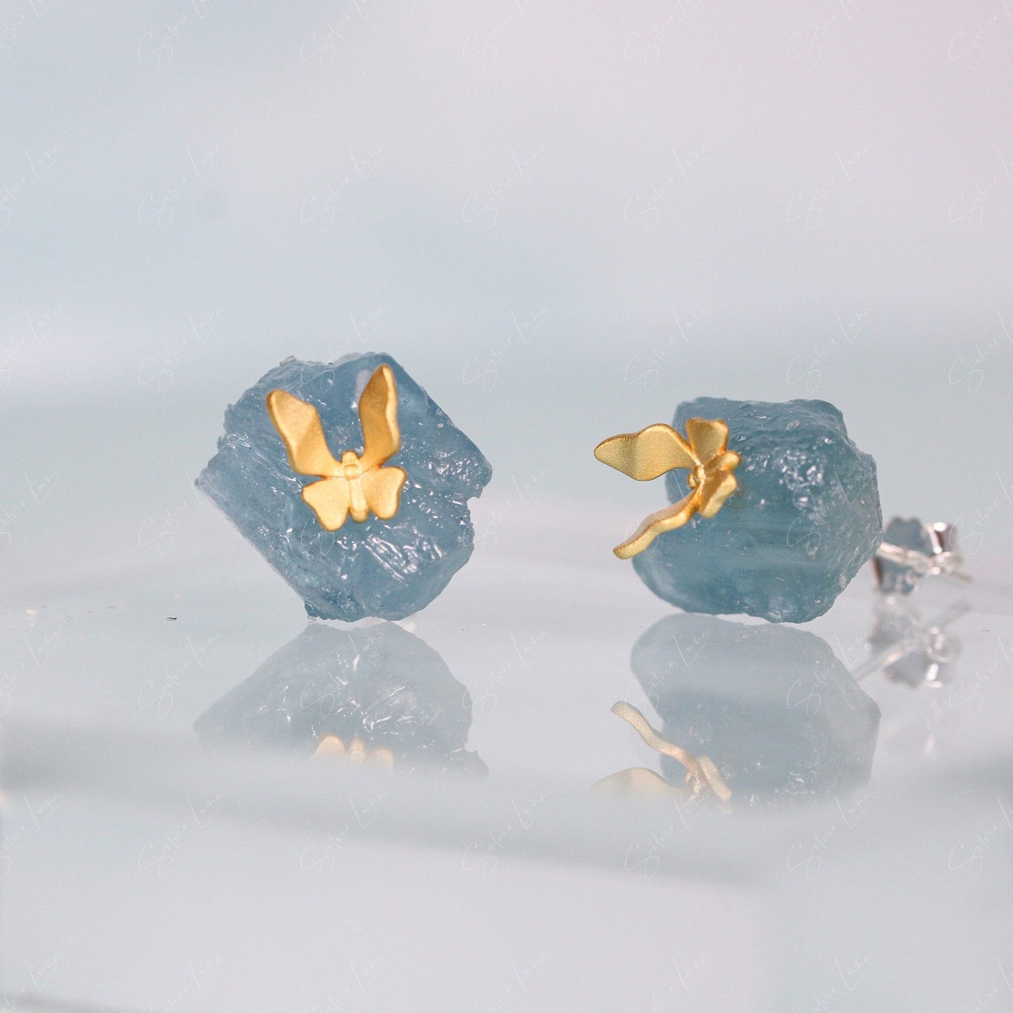 aquamarine natural stone stud earrings