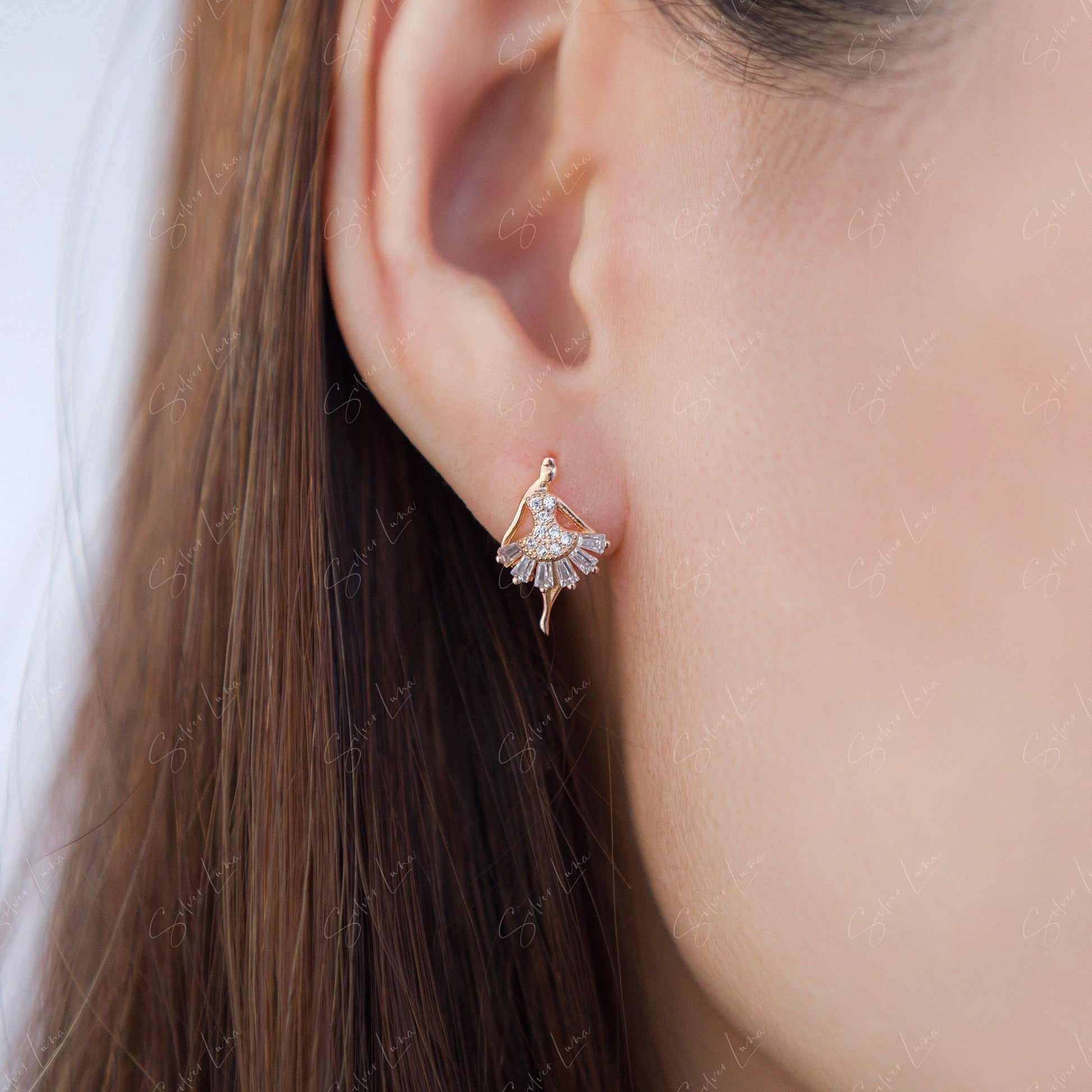 silver ballet dancer stud earrings