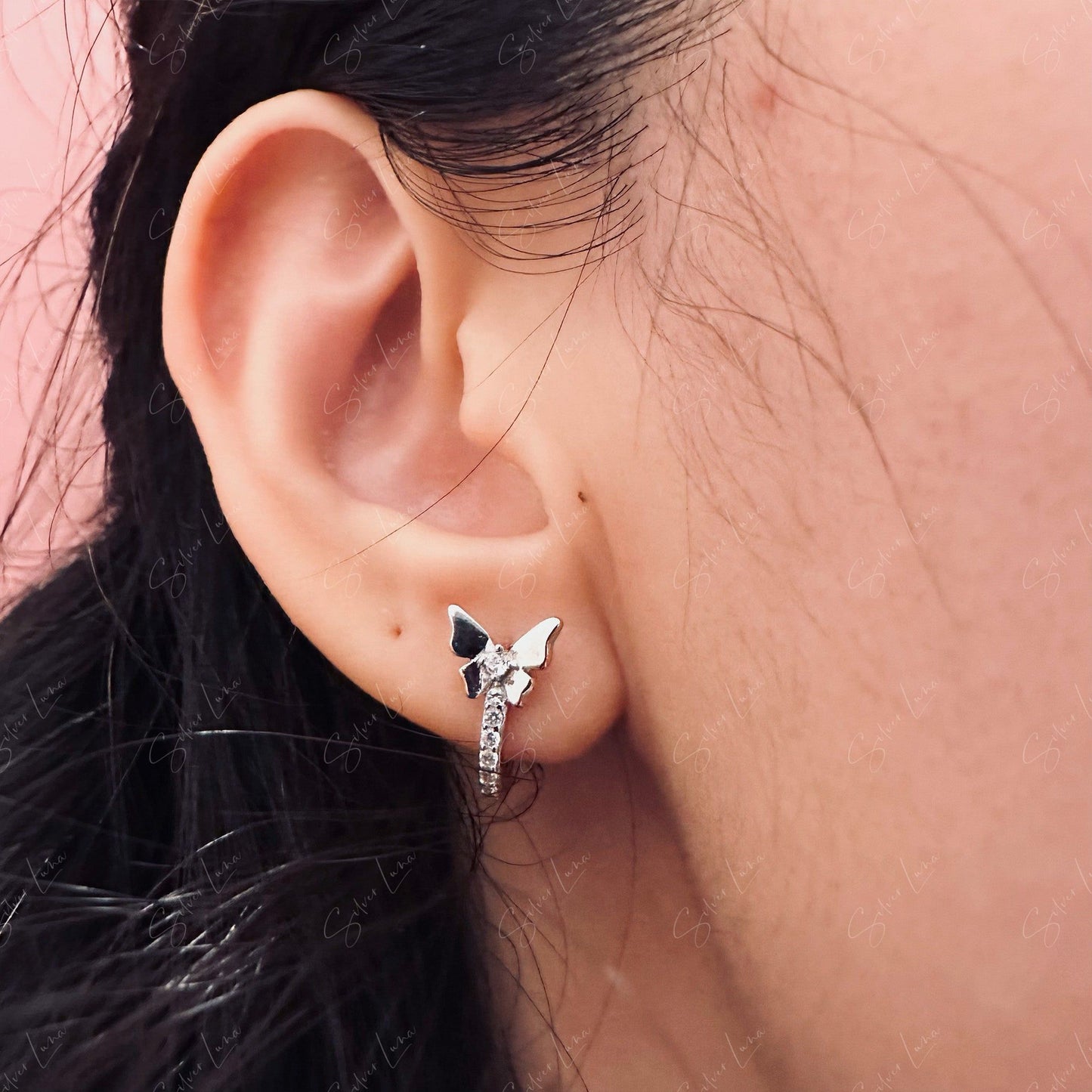 silver butterfly hoop earrings