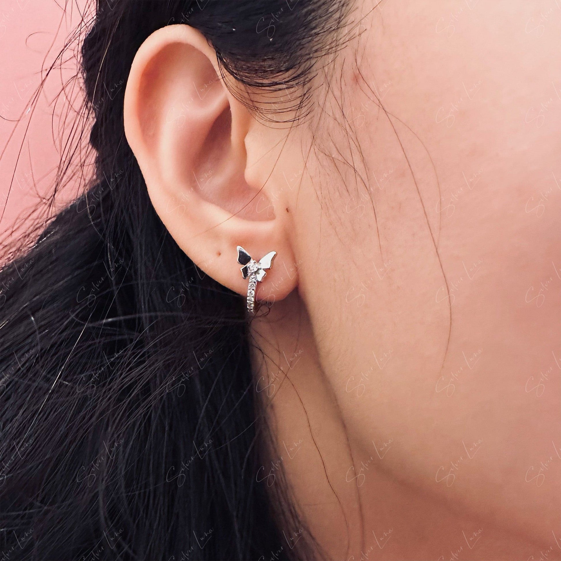 zircon butterfly hoop earrings