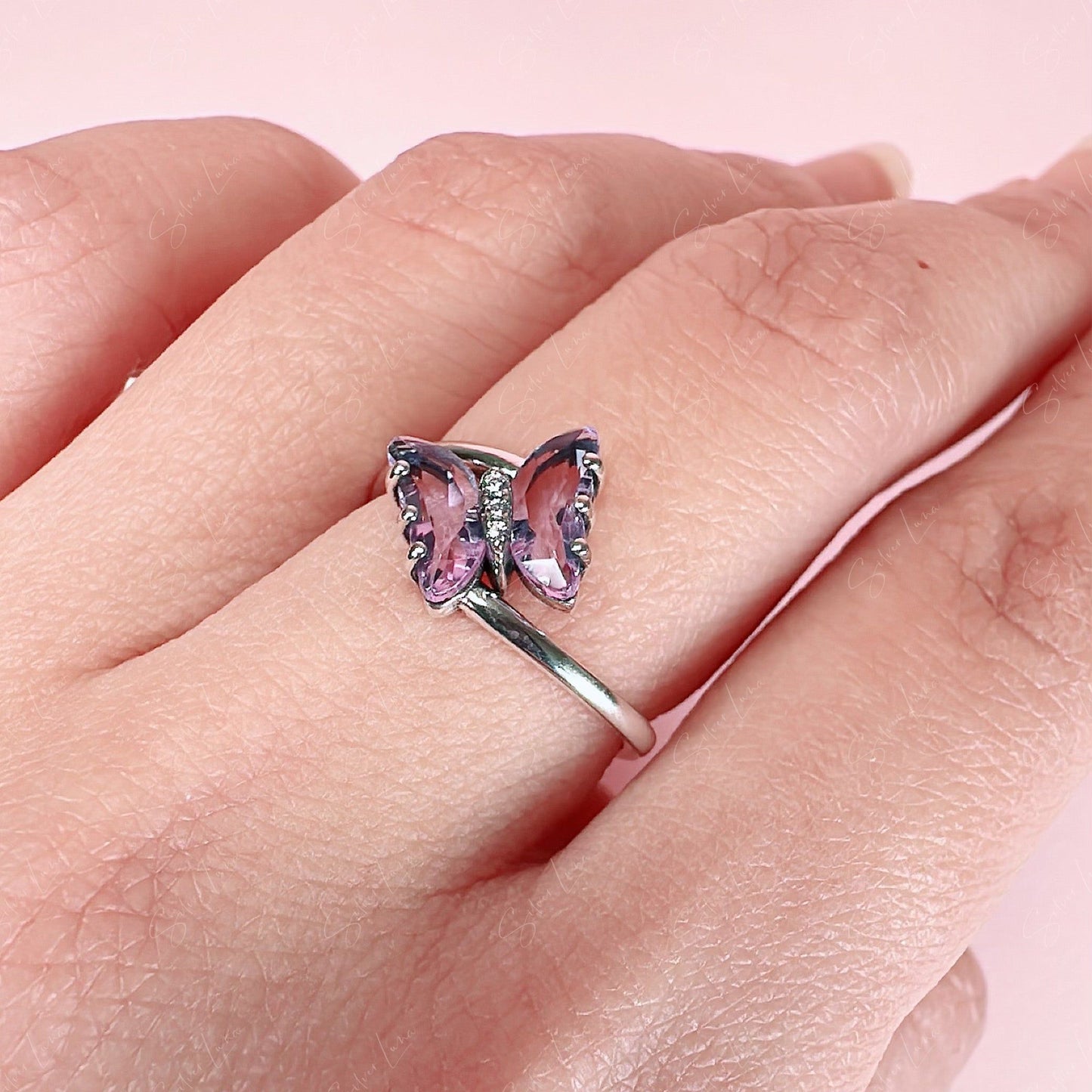crystal purple butterfly silver ring
