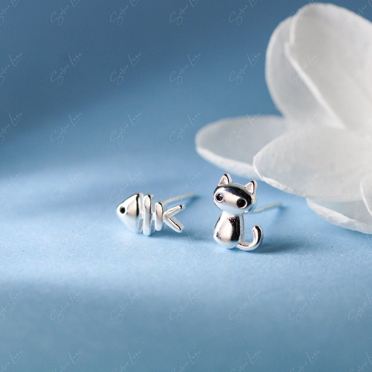 cat and fish bone sterling silver stud earrings