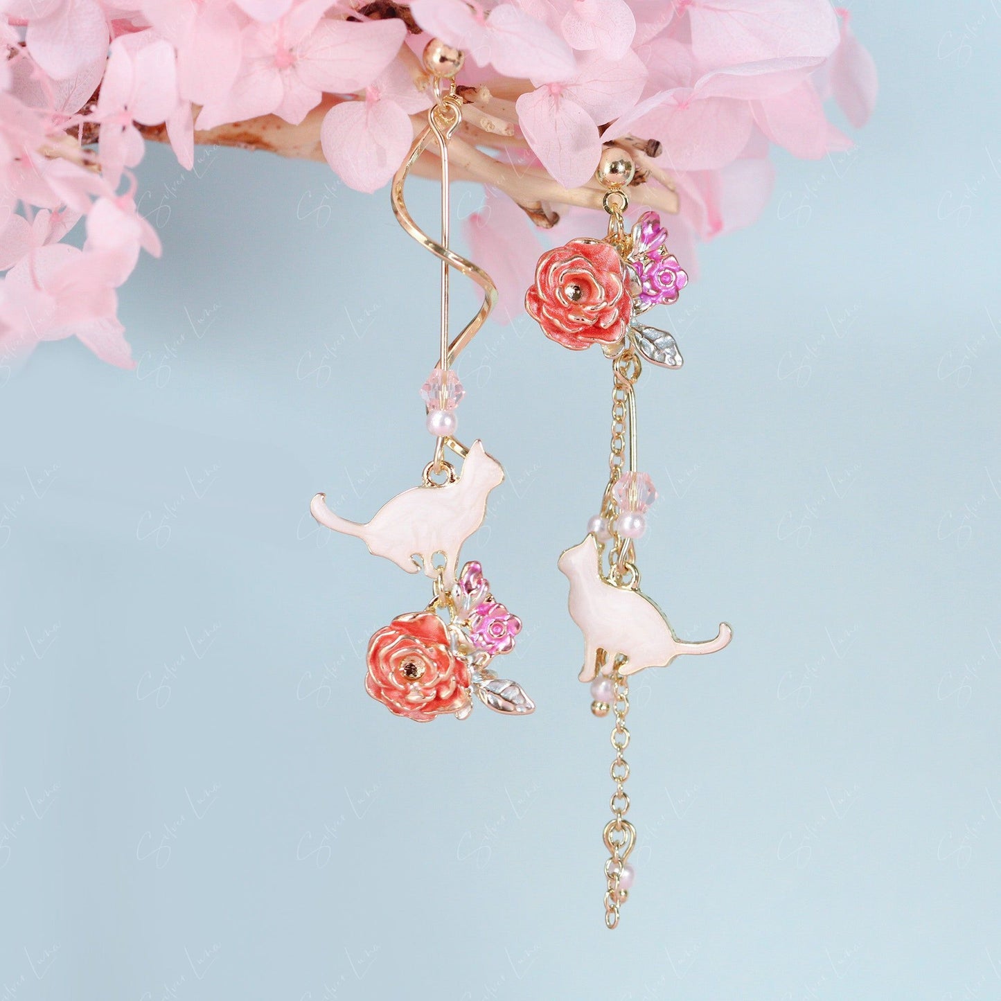Cat on flower dangle drop earrings