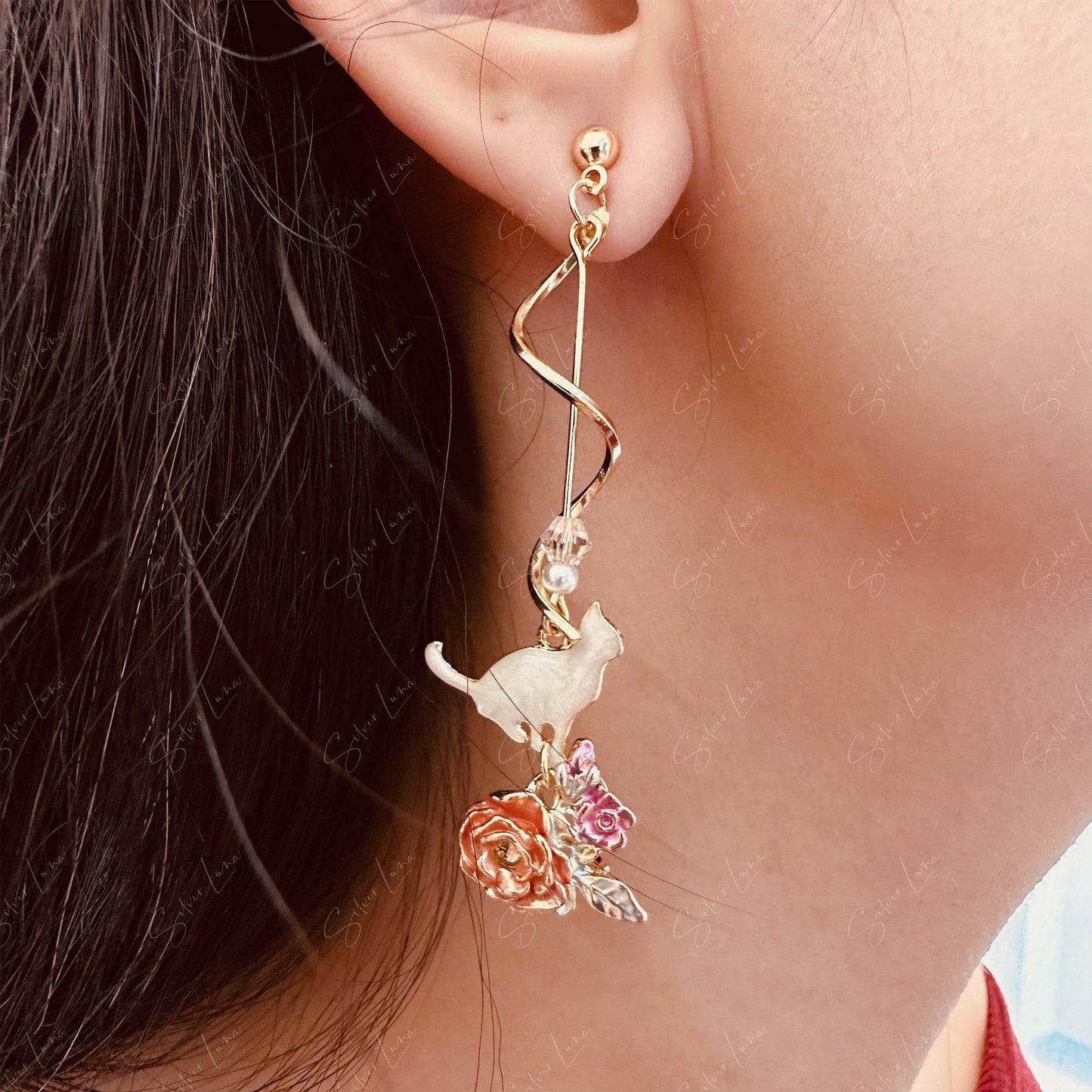 Cat on flower dangle drop earrings