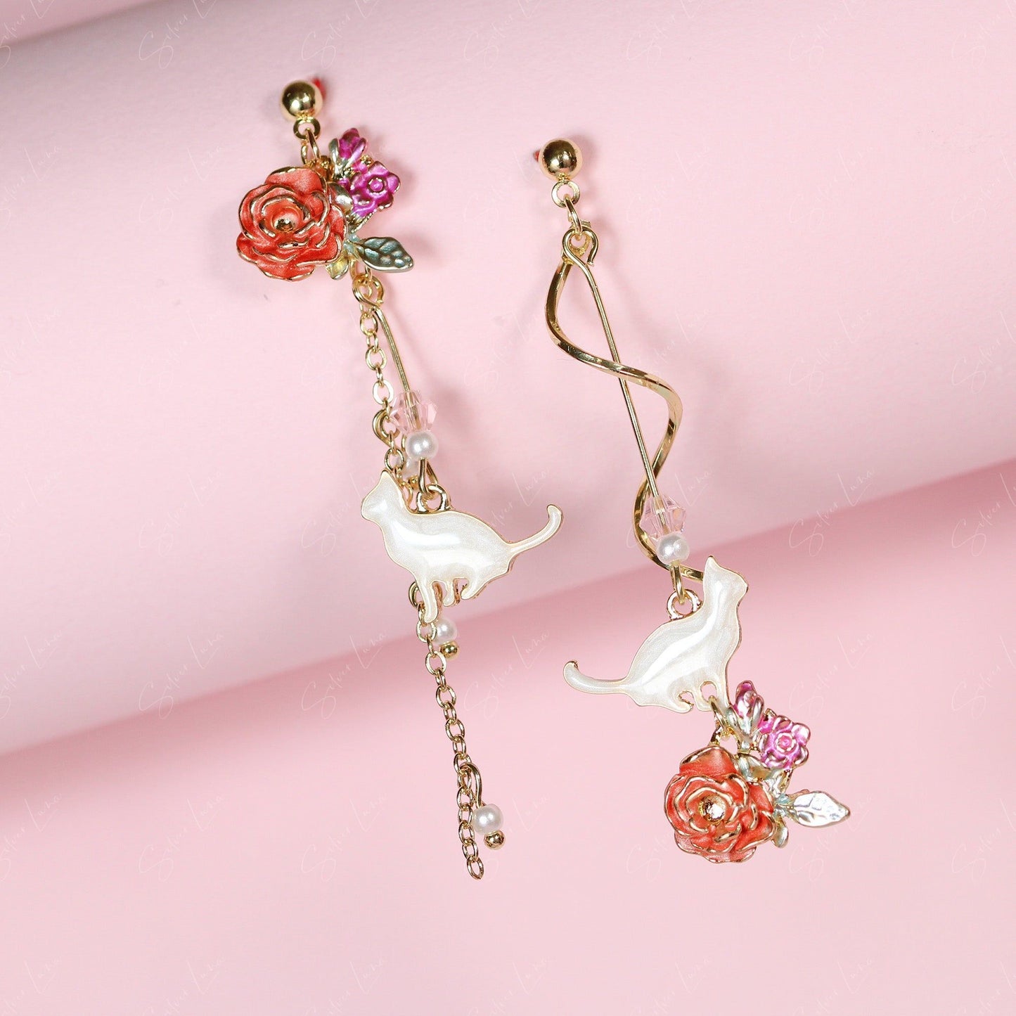 Cat on flower dangle drop earrings