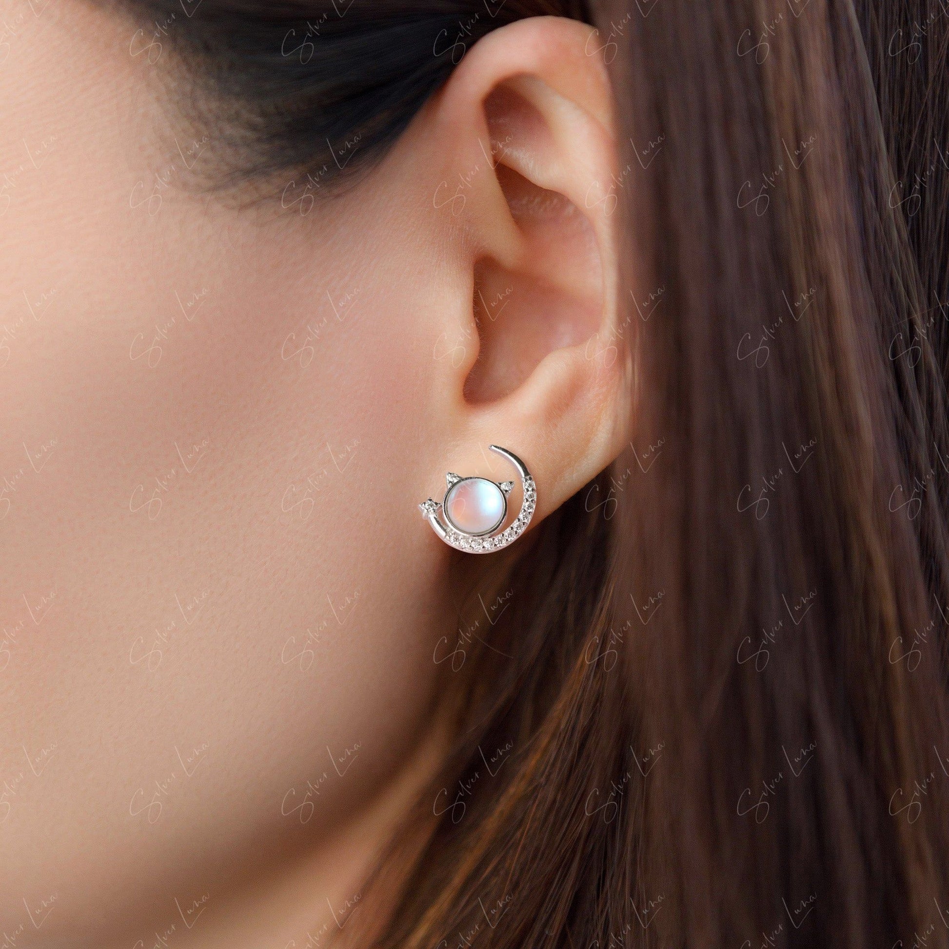 cat on moon stud earrings