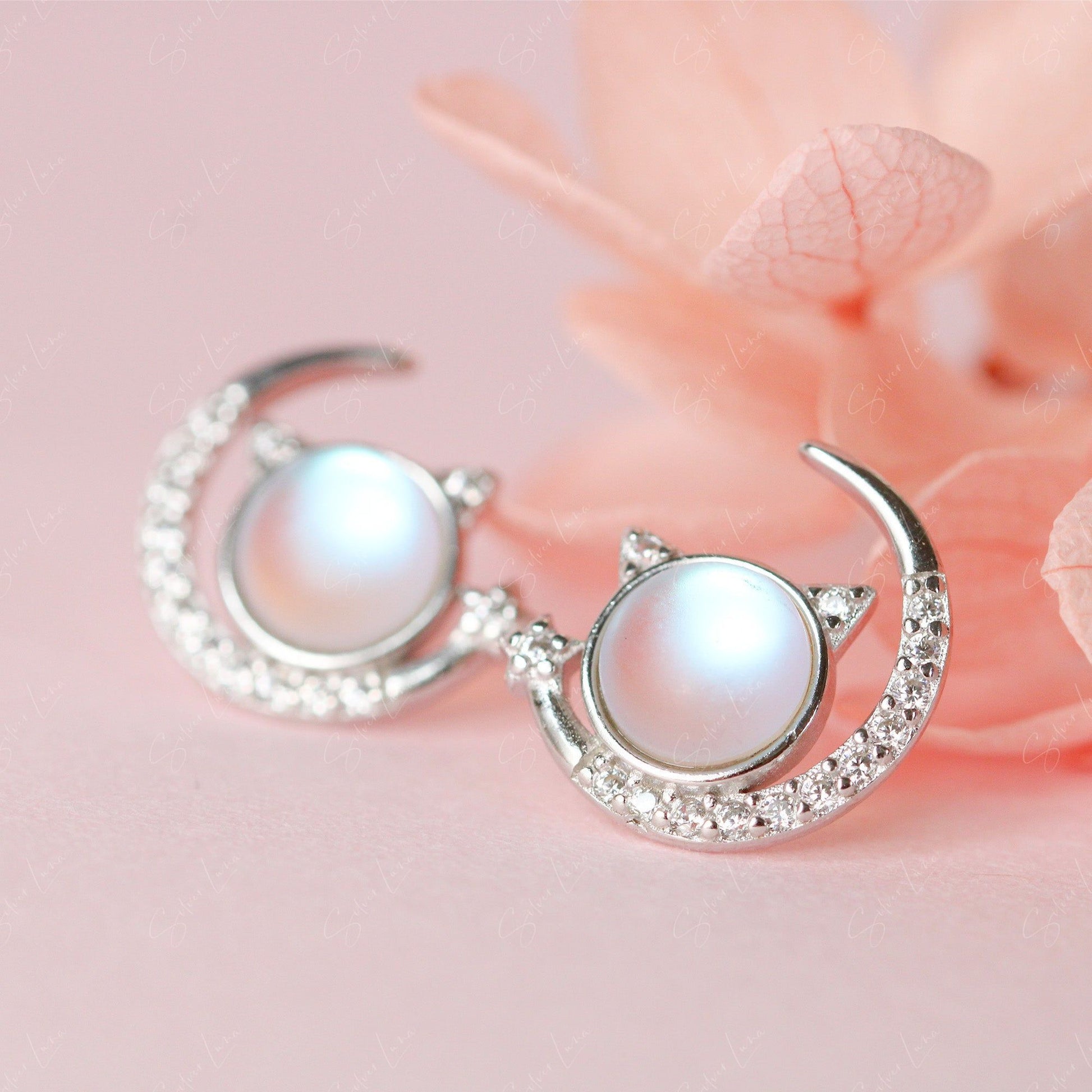 cat on moon opal stud earrings