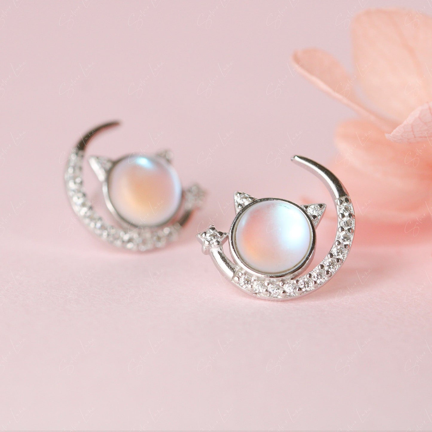 moonstone cat stud earrings