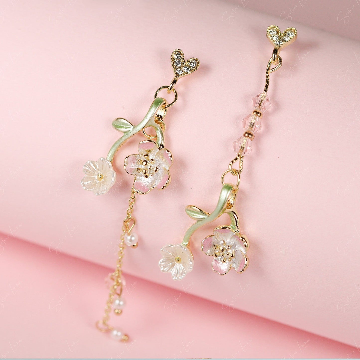 Cherry blossom flower dangle drop earrings