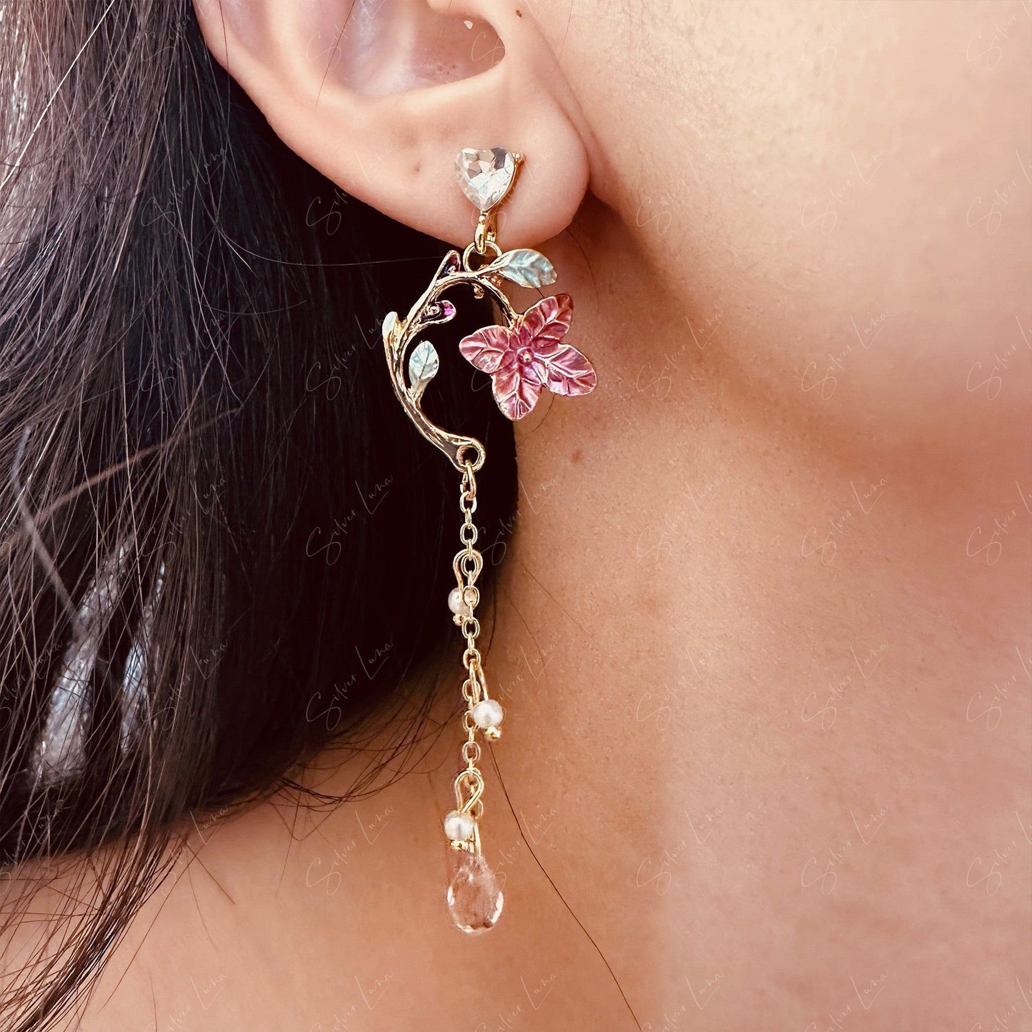 Cherry blossom branch dangle drop earrings