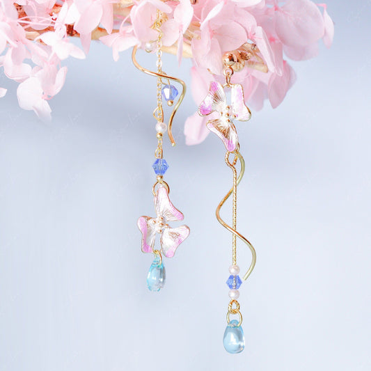 Enamel flower teardrop asymmetric dangle earrings